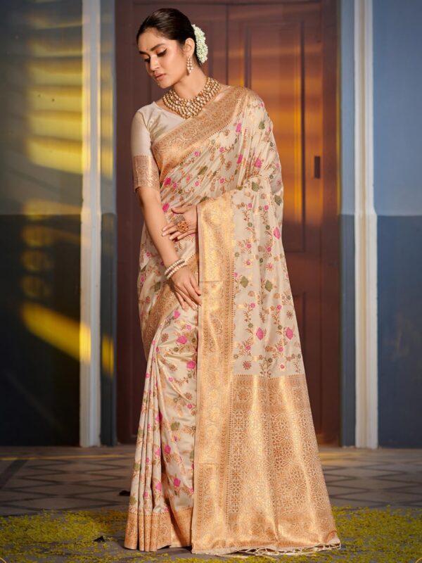 Astita Banarasi Silk Saree with Golden Zari Floral Weaving | Soft Lightweight Traditional Saree for Women | Perfect for Festive Occasions, Gifting & Celebrations - Image 2