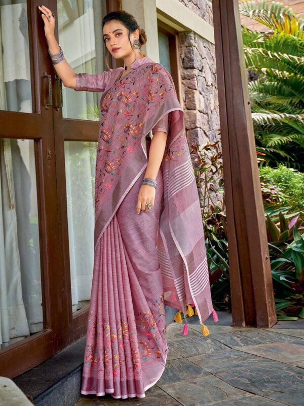 Astita Elegant Linen Cotton Saree with Woven Thread Border & Pallu | Soft Traditional Look for Festive Gifting & Everyday Elegance – With Unstitched Blouse Piece - Image 2