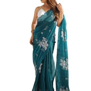 AKHILAM Women's Shimmer Organza Sequence Embroidery Saree With Unstitched Blouse Piece