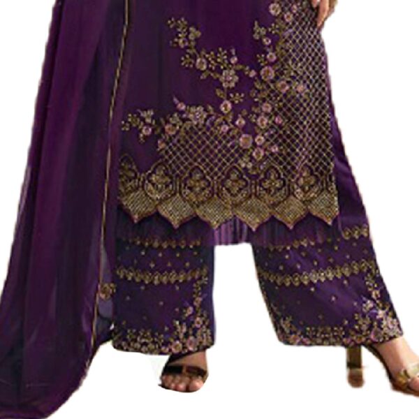 Miss Ethnik Women's Faux Georgette Semi Stitched Top With Unstitched Santoon Bottom and Net Dupatta Embroidered Straight Kurta Dress Material (Kurta Palazzo Set) - Image 5