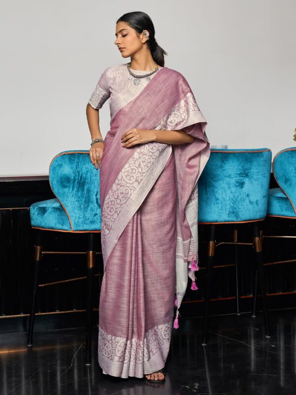 Astita Elegant Linen Cotton Saree with Woven Thread Border & Pallu | Soft Traditional Look for Festive Gifting & Everyday Elegance – With Unstitched Blouse Piece - Image 2