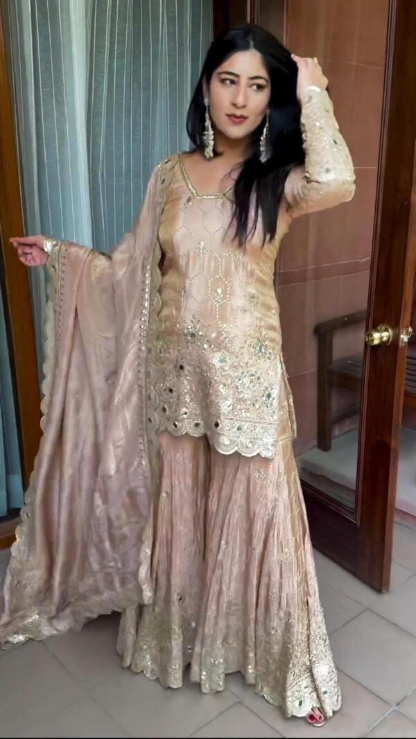 Firewave Women's CHINNON SILK Embroidered Square Neck Full Sleeve Fully Stitched Sharara Suit Set with Dupatta Ethnic Wear -CREAM-_BK-13 - Image 6