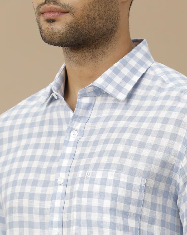 Linen Club Men's Pure Linen Blue Checked Contemporary Fit Half Sleeve Casual Shirt - Image 5