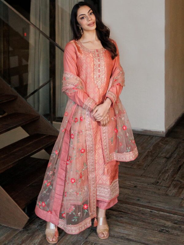 Libas Womens Self Design Silk Blend Straight Kurta With Trousers and Dupatta - Image 3