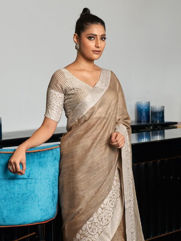 Astita Elegant Linen Cotton Saree with Woven Thread Border & Pallu | Soft Traditional Look for Festive Gifting & Everyday Elegance – With Unstitched Blouse Piece - Image 4