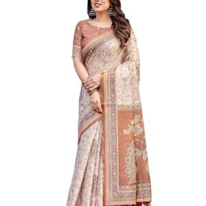 ALMAARI FASHION Handloom Cotton Floral Printed Saree with Tassels on Edges & Attached Blouse Piece | 5.5 Meter Saree + 0.8 Meter Blouse