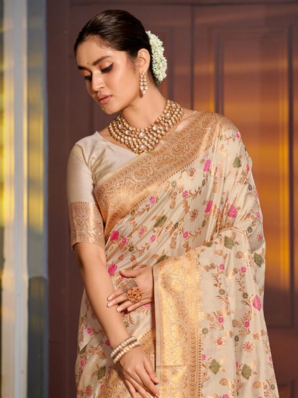Astita Banarasi Silk Saree with Golden Zari Floral Weaving | Soft Lightweight Traditional Saree for Women | Perfect for Festive Occasions, Gifting & Celebrations - Image 3