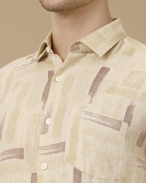 Linen Club Men's Pure Linen Beige Printed Contemporary Fit Full Sleeve Casual Shirt - Image 5