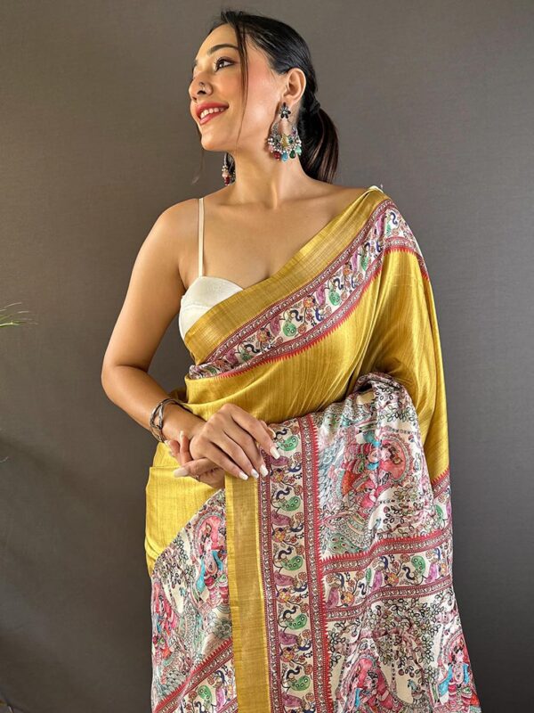 Panzora Women's Tussar Silk Madhubani Printed Saree With Unstitched Blouse Piece - Image 4