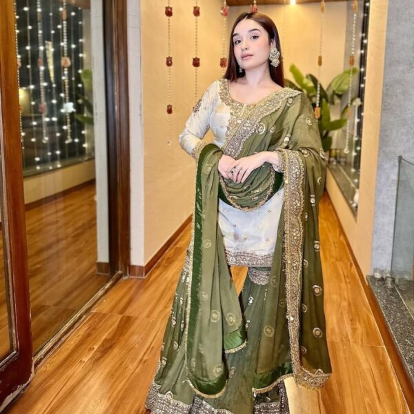 Women's Off-White Embroidered Kurta with Green Sharara & Dupatta Set – 3/4 Sleeve, Round Neck, Above Knee Length | Party | Wedding - Image 2