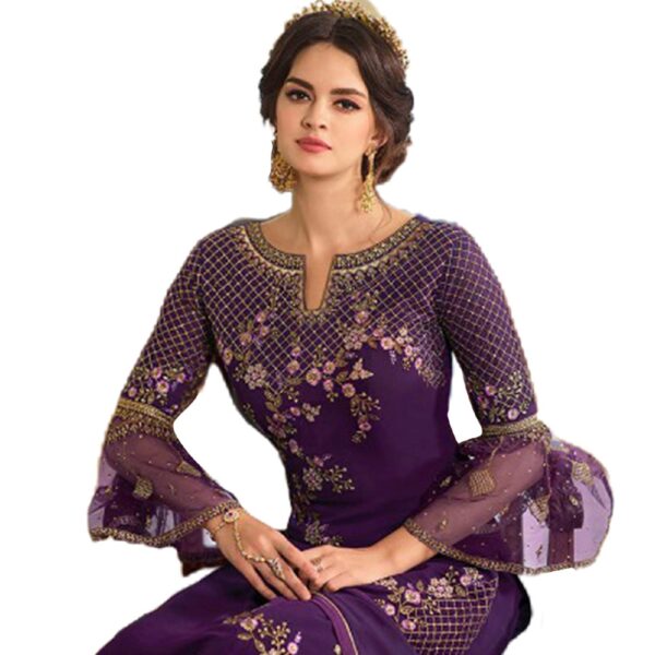 Miss Ethnik Women's Faux Georgette Semi Stitched Top With Unstitched Santoon Bottom and Net Dupatta Embroidered Straight Kurta Dress Material (Kurta Palazzo Set) - Image 2