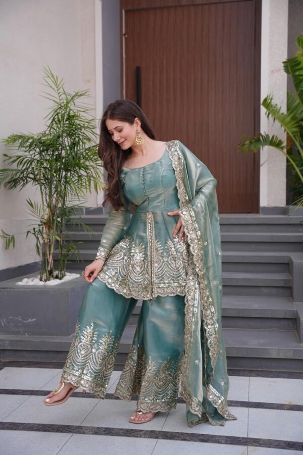Women's Satin Silk Plazoo Set with Dupatta | Embroidered Short Kurti with Half Sleeves | Party, Ethnic Dress for Wedding, Haldi & Festive Occasions - Image 2