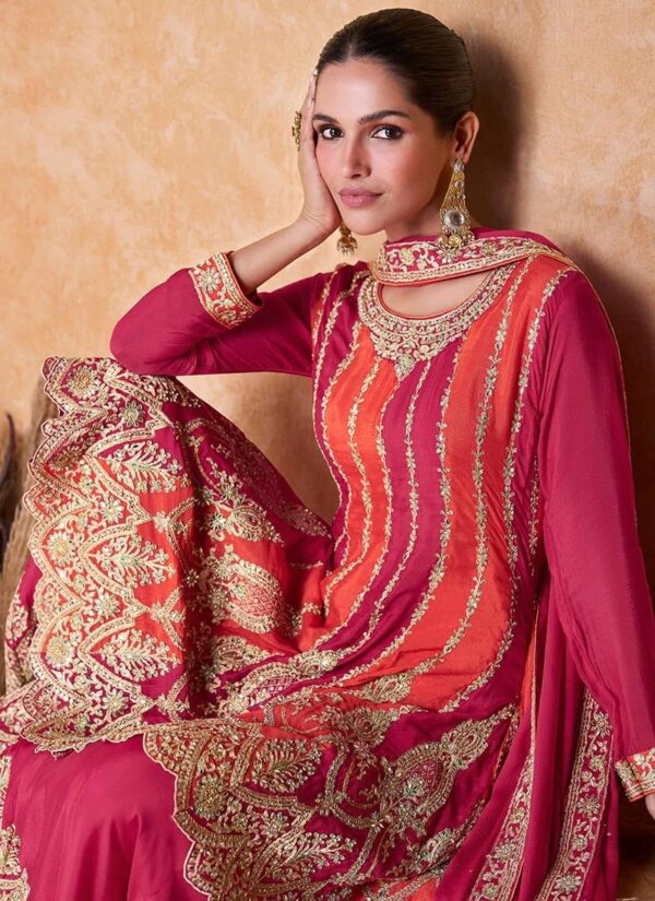 Miss Ethnik Women's Pink and Orange Color Traditional Chinon Embroidered Stitched Kurta Palazzo Set With Embroidered Dupatta (ME-1132-Pink) - Image 4