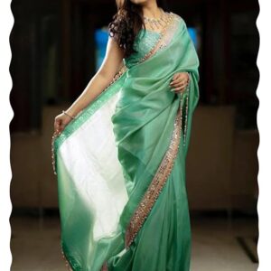 AKHILAM Women's Tissue Lace Work Saree with Unstitched Blouse Piece