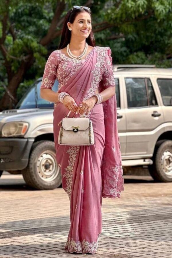 SGF11 Women's Chinon Silk Embroidery Work Saree With Unstitched Blouse Piece (Pink) - Image 5