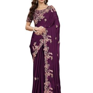 TRENDMALLS Women's Rangoli Silk Embroidery Saree with Unstitch Blouse Piece Saree for Women