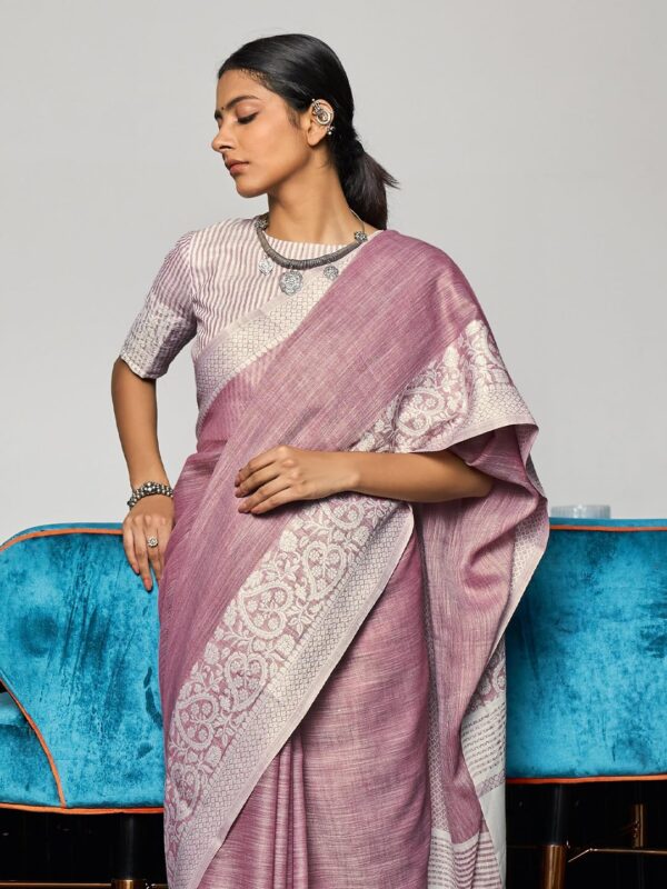 Astita Elegant Linen Cotton Saree with Woven Thread Border & Pallu | Soft Traditional Look for Festive Gifting & Everyday Elegance – With Unstitched Blouse Piece - Image 3