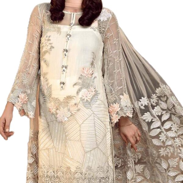 Miss Ethnik Women's Faux Georgette Semi Stitched Top With Unstitched Santoon Bottom and Net Dupatta Embroidered Straight Kurta Dress Material (Kurta Palazzo Set) - Image 3