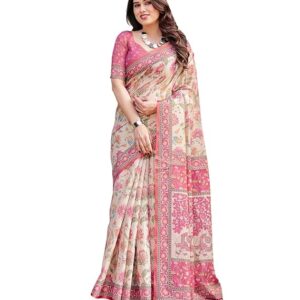 ALMAARI FASHION Handloom Cotton Floral Printed Saree with Tassels on Edges & Attached Blouse Piece | 5.5 Meter Saree + 0.8 Meter Blouse