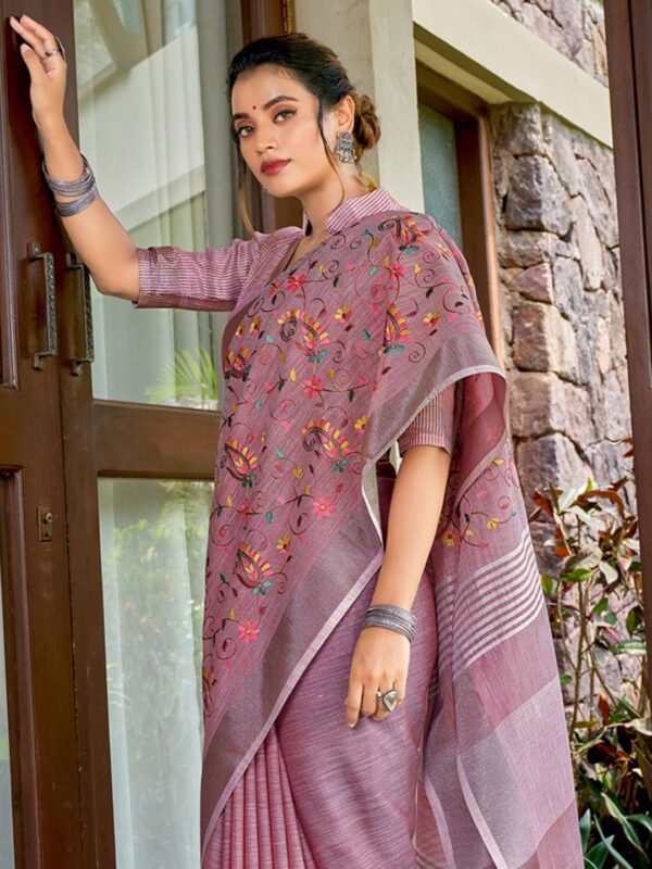 Astita Elegant Linen Cotton Saree with Woven Thread Border & Pallu | Soft Traditional Look for Festive Gifting & Everyday Elegance – With Unstitched Blouse Piece - Image 3