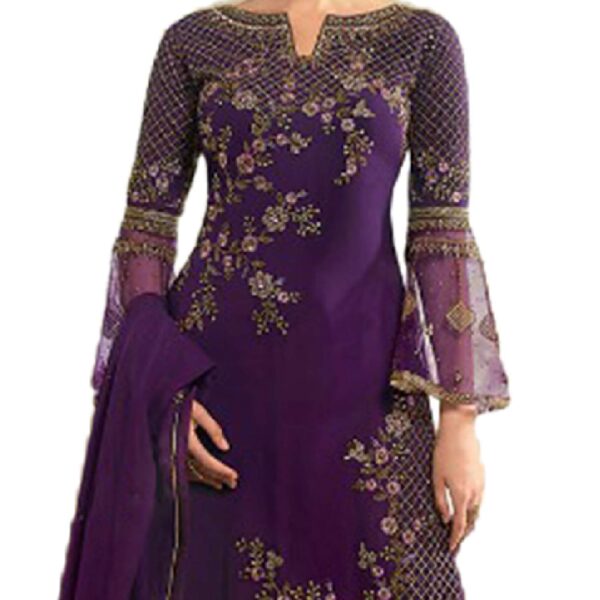 Miss Ethnik Women's Faux Georgette Semi Stitched Top With Unstitched Santoon Bottom and Net Dupatta Embroidered Straight Kurta Dress Material (Kurta Palazzo Set) - Image 4