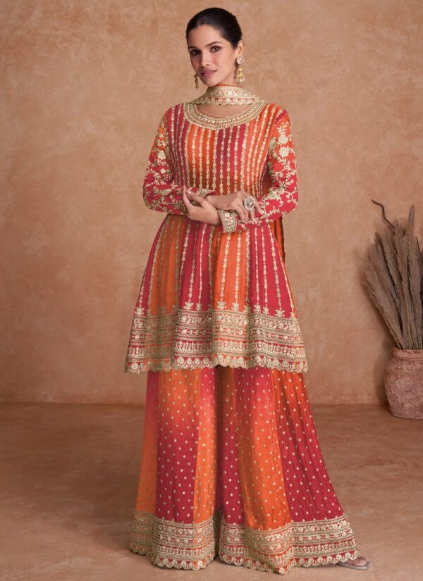 Miss Ethnik Dual Tone Strip Chinon Heavy Embroidered Stitched Sharara Suit Set With Dupatta (ME-1129) - Image 2