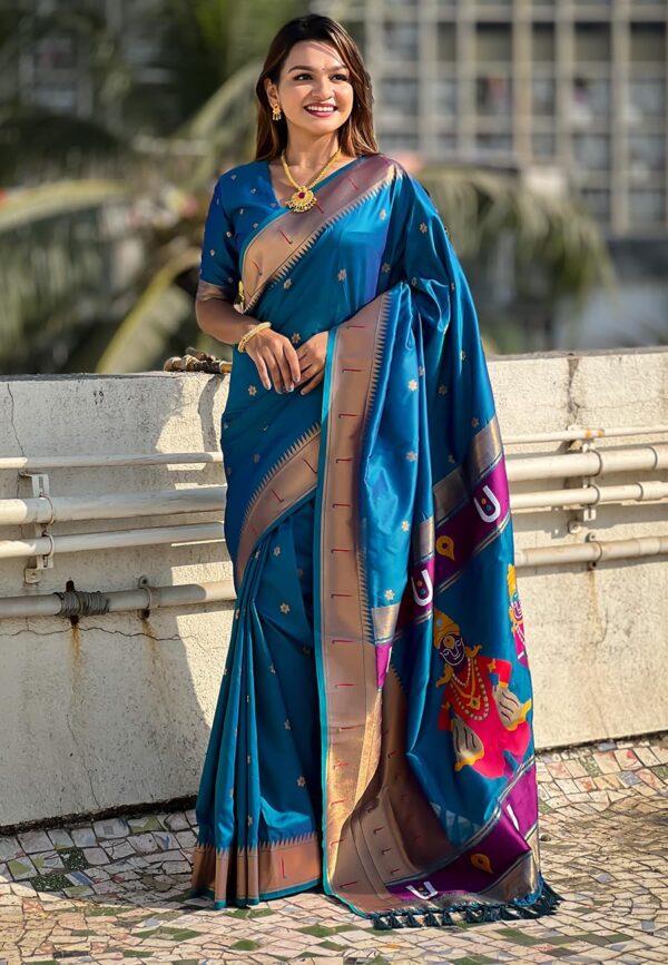 SGF11 Women's Kanjivaram Paithani Silk Saree With Unstitched Blouse Piece - Image 5
