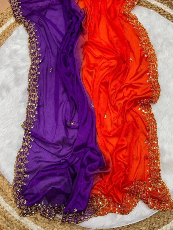 shanaya Soft Hand Dyeing Chinnon Saree with Heavy Embroidery, Sequence & Jari Work Elegant Designer Border Lightweight Bridal & Party Saree Ethnic Indian Saree - Image 4