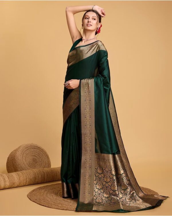 AMIRAT Women's Banarasi silk plain saree With Golden Zari Woven Border With Blouse Piece - Image 2