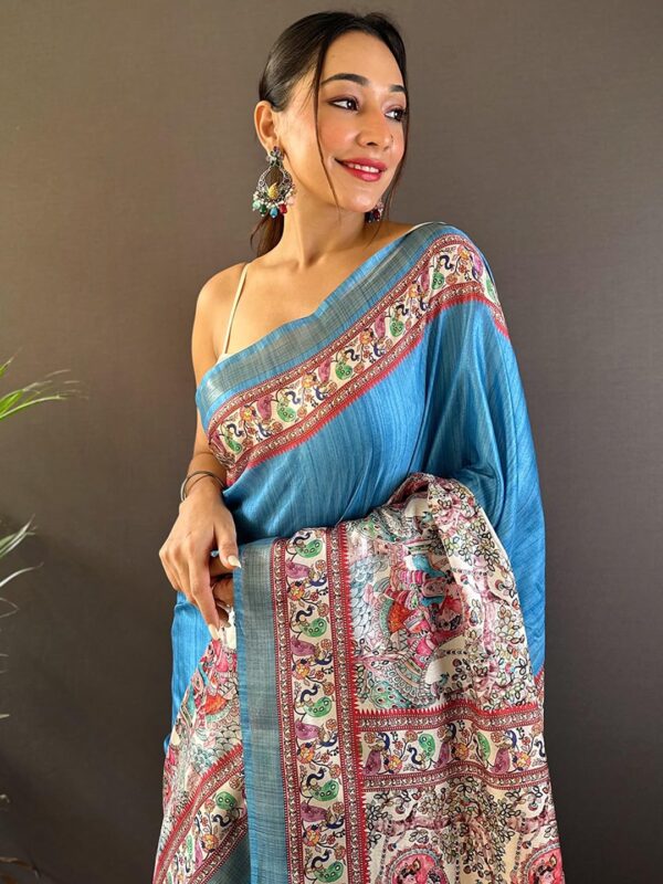 Panzora Women's Tussar Silk Madhubani Printed Saree With Unstitched Blouse Piece - Image 4