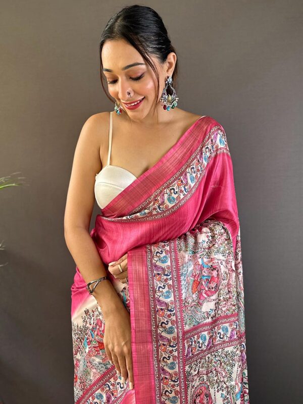 Panzora Women's Tussar Silk Madhubani Printed Saree With Unstitched Blouse Piece - Image 4