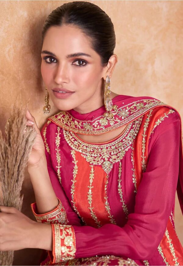 Miss Ethnik Women's Pink and Orange Color Traditional Chinon Embroidered Stitched Kurta Palazzo Set With Embroidered Dupatta (ME-1132-Pink) - Image 3