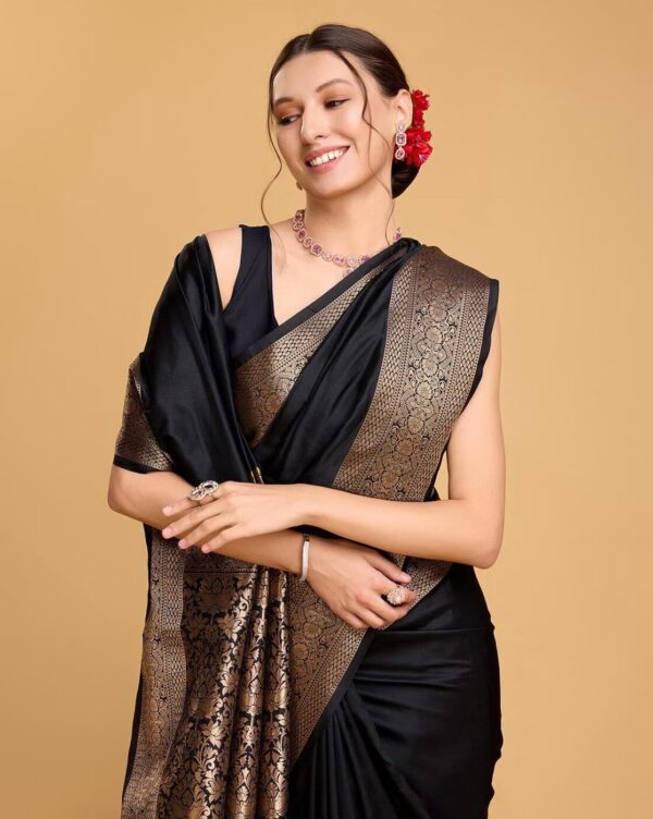 AMIRAT Women's Banarasi silk plain saree With Golden Zari Woven Border With Blouse Piece - Image 5