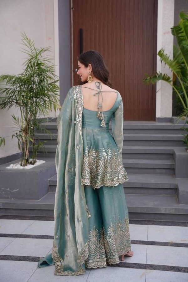 Women's Satin Silk Plazoo Set with Dupatta | Embroidered Short Kurti with Half Sleeves | Party, Ethnic Dress for Wedding, Haldi & Festive Occasions - Image 6