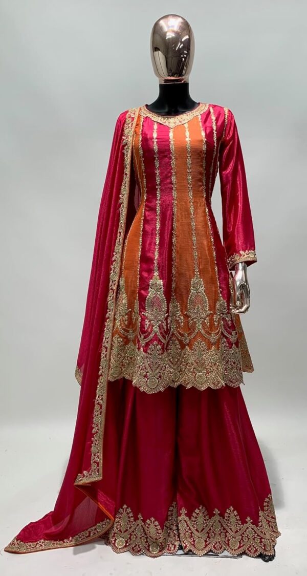 Miss Ethnik Women's Pink and Orange Color Traditional Chinon Embroidered Stitched Kurta Palazzo Set With Embroidered Dupatta (ME-1132-Pink) - Image 5