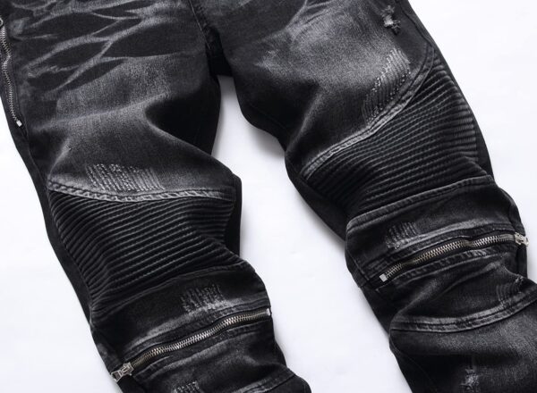 AITITIA Men's Biker Zipper Deco Washed Straight Fit Jeans - Image 3