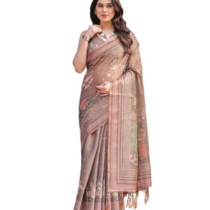 ALMAARI FASHION Handloom Cotton Floral Printed Saree with Tassels on Edges & Attached Blouse Piece | 5.5 Meter Saree + 0.8 Meter Blouse