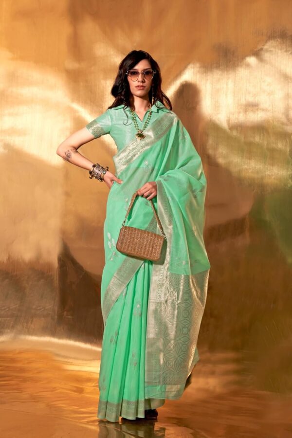 SGF11 Women's Kanjivaram Soft Cotton Linen Silk Saree With Unstitched Blouse Piece - Image 2