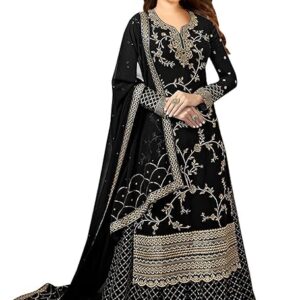 Miss Ethnik Women's Faux Georgette Semi-Stitched Top With Stitched Bottom and Dupatta Embroidered Straight Kurta Dress Material (Kurta Palazzo Set)