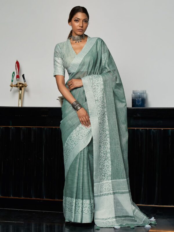 Astita Elegant Linen Cotton Saree with Woven Thread Border & Pallu | Soft Traditional Look for Festive Gifting & Everyday Elegance – With Unstitched Blouse Piece - Image 2