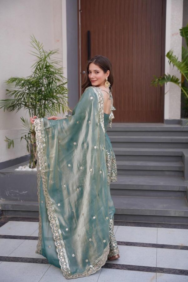Women's Satin Silk Plazoo Set with Dupatta | Embroidered Short Kurti with Half Sleeves | Party, Ethnic Dress for Wedding, Haldi & Festive Occasions - Image 3