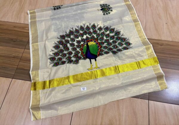Womens Kerala kasavu Traditional Tissue Saree with Running Blouse Piece(Saree 5.5 meter, Blouse 0.8 meter) (grand big peacock) - Image 6