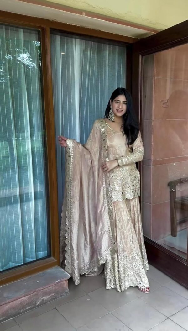 Firewave Women's CHINNON SILK Embroidered Square Neck Full Sleeve Fully Stitched Sharara Suit Set with Dupatta Ethnic Wear -CREAM-_BK-13 - Image 3