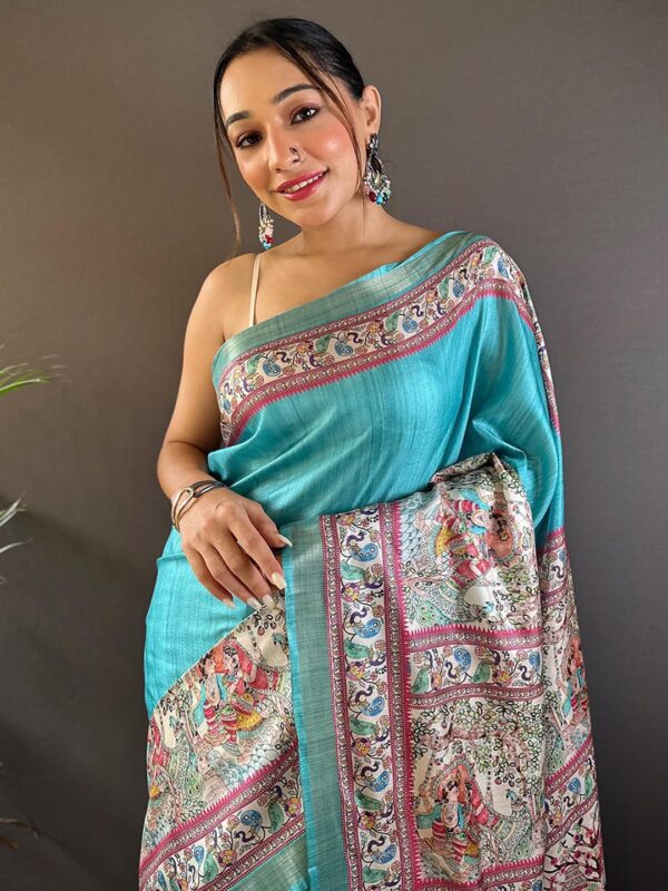 Panzora Women's Tussar Silk Madhubani Printed Saree With Unstitched Blouse Piece - Image 4