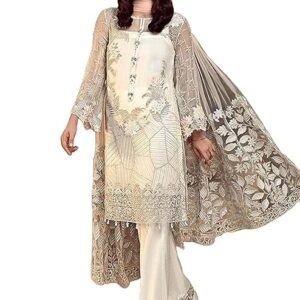 Miss Ethnik Women's Faux Georgette Semi Stitched Top With Unstitched Santoon Bottom and Net Dupatta Embroidered Straight Kurta Dress Material (Kurta Palazzo Set)