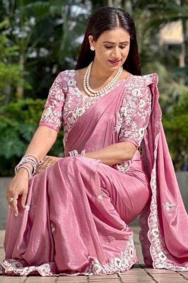 SGF11 Women's Chinon Silk Embroidery Work Saree With Unstitched Blouse Piece (Pink) - Image 6