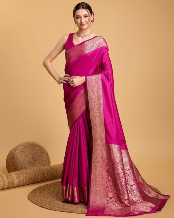 AMIRAT Women's Banarasi silk plain saree With Golden Zari Woven Border With Blouse Piece - Image 2