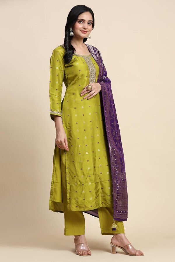TRENDMALLS Women's Silk Embroidery Kurta Pant Set with Banarasi Dupatta - Image 4