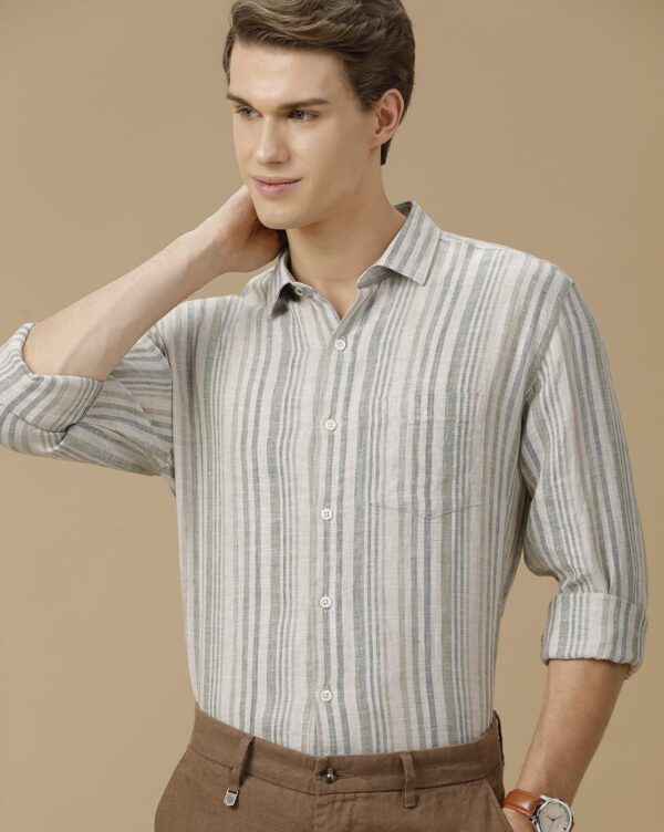 Linen Club Men's Pure Linen Off White Striped Contemporary Fit Full Sleeve Casual Shirt - Image 2