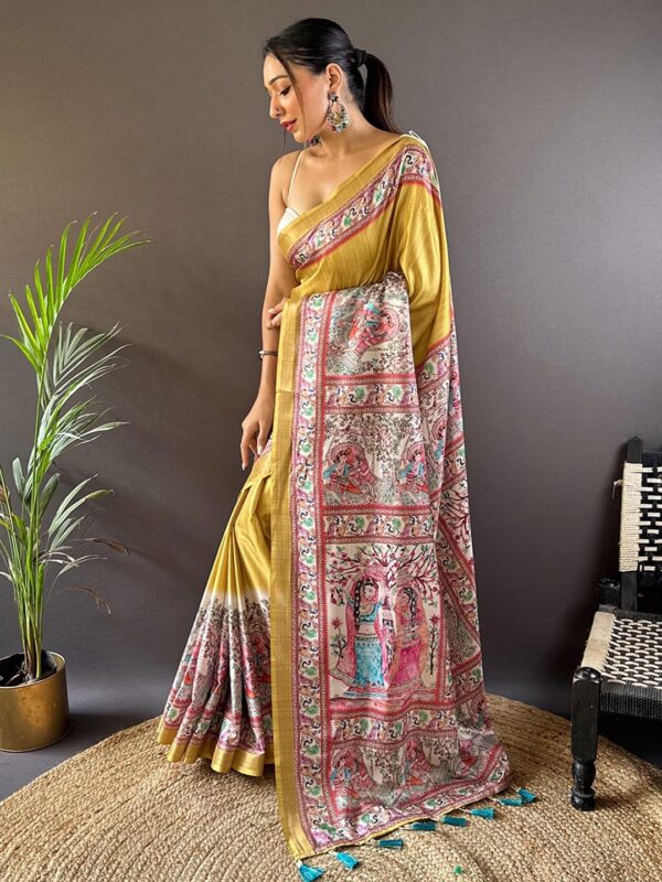 Panzora Women's Tussar Silk Madhubani Printed Saree With Unstitched Blouse Piece - Image 3